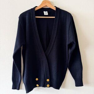 Navy Blue Pullover V-Neck Cardigan Sweater with Golden Buttons Size Small